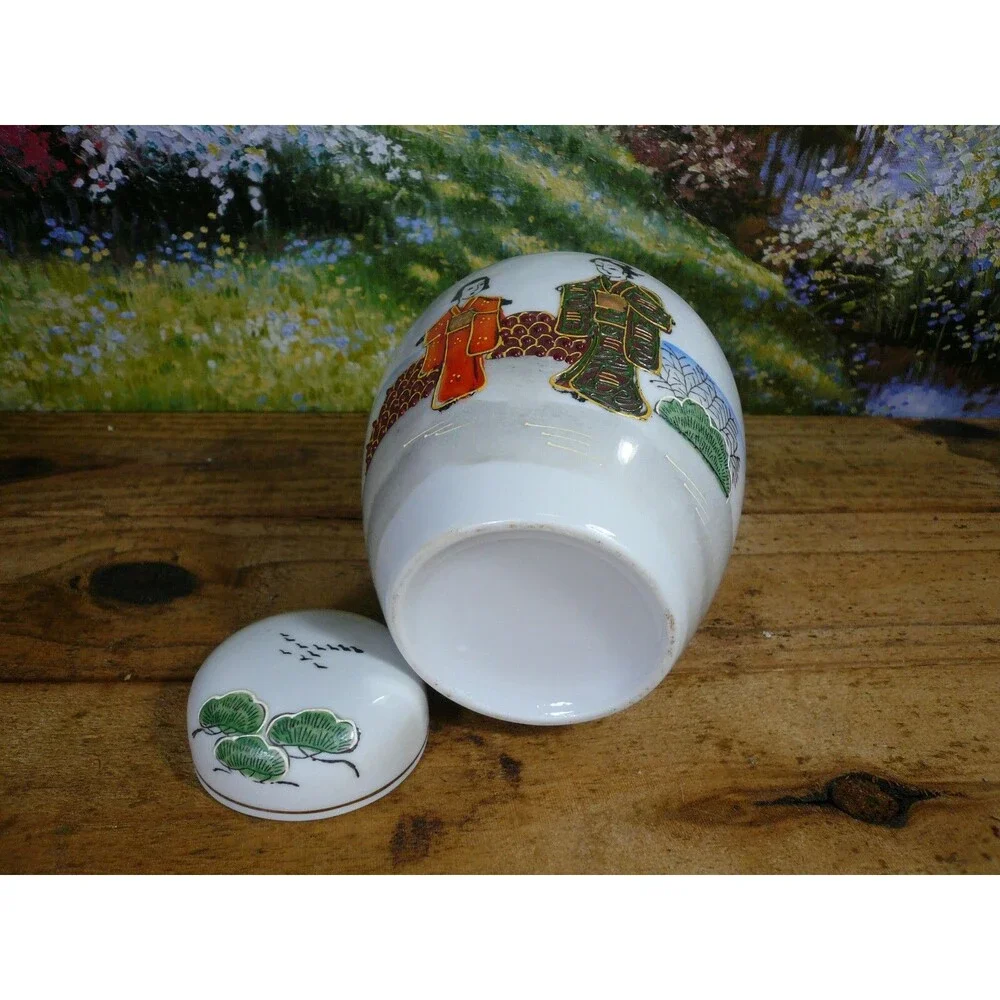 Japanese Moriage Handpainted Porcelain Ginger Jar Woman & Girl in Garden
